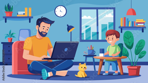 A man is sitting on the floor in front of a laptop while a child is sitting at a table. The man is working on his laptop while the child is playing with a toy. The scene is casual and relaxed