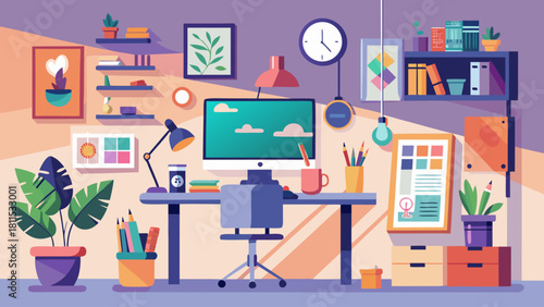 A colorful office space with a computer monitor, a clock, and a potted plant. The room is well-lit and has a modern, creative vibe