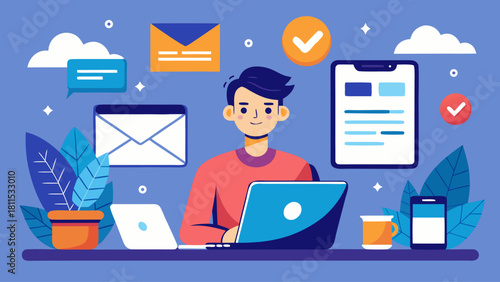 A man is sitting at a desk with a laptop and a cup of coffee. He is surrounded by various items such as a potted plant, a cell phone, a keyboard, and a mouse