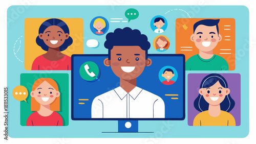 A cartoon image of a group of people on a computer screen. The man in the center is smiling and has a phone in his hand. The other people are also smiling and appear to be friends