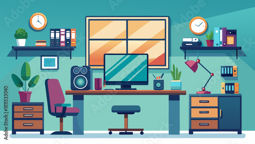 A cartoon drawing of a home office with a computer, a chair, a desk, and a clock. The room is decorated with plants and books, and there are two clocks on the wall. The desk has a keyboard and a mouse