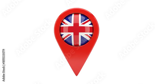 Free Download British Location Pin: A vibrant red location pin featuring the iconic Union Jack flag, symbolizing travel, direction, and the essence of British identity.  - GFXLoad