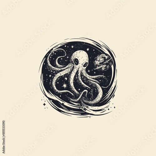 Mystical vintage illustration of a giant octopus floating in outer space, surrounded by planets, stars, and galaxies