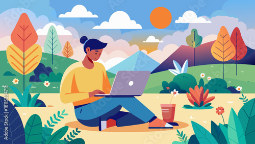 A woman is sitting on the ground with a laptop in front of her. She is looking at the screen and she is working. The background features a lush green field with trees and flowers, creating a peaceful