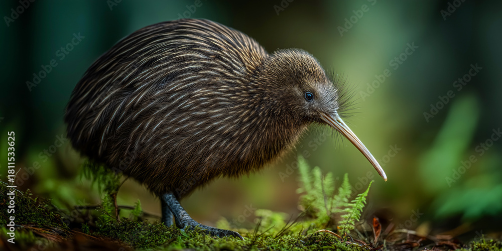 Naklejka premium The Kiwi in its Habitat A portrait of a nocturnal, flightless kiwi in its natural habitat. Displaying its unique beak, and feathered body, capturing the essence of New Zealand's treasured bird.