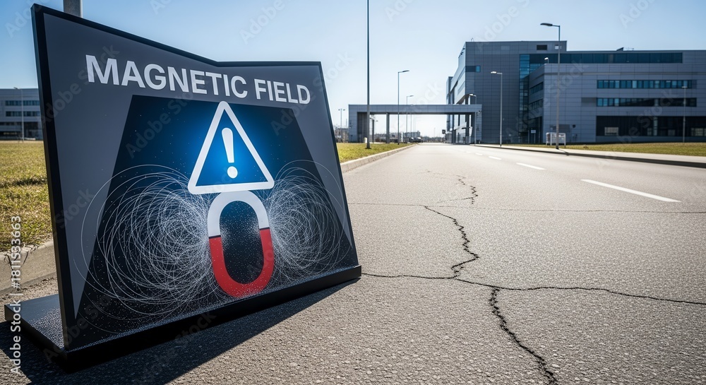 Obraz premium Magnetic Field Warning Sign On Road Near Modern Buildings Emphasizing Hidden Potential Danger