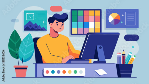 A man is sitting at a desk with a computer and a potted plant. He is smiling and he is enjoying his work. The desk is cluttered with various items, including a keyboard, mouse, and a cup