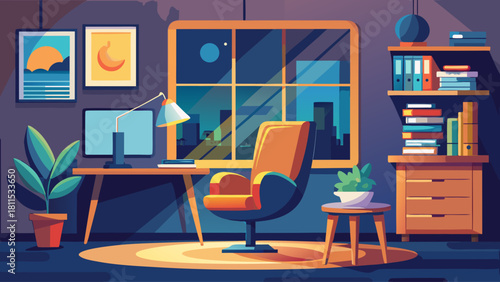 A room with a desk, chair, and bookshelves. The room is dimly lit and has a cozy atmosphere