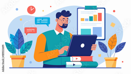 A man is sitting at a desk with a laptop and a stack of books. He is wearing glasses and he is working on something. Concept of productivity and focus