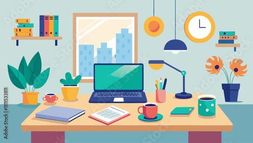 A colorful drawing of a desk with a laptop, a cup, a book, a clock, and a potted plant