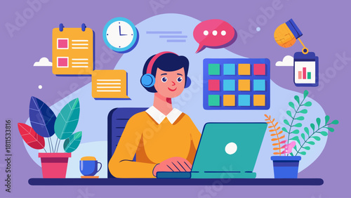 A woman is sitting at a desk with a laptop and a potted plant. She is wearing headphones and she is working. Concept of productivity and focus, as the woman is engaged in her work