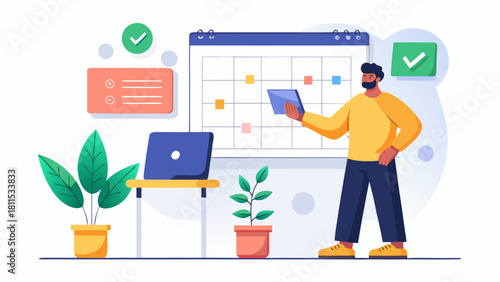 A man is standing in front of a white board with a green plant in the background. He is pointing at the board and seems to be giving instructions or explaining something