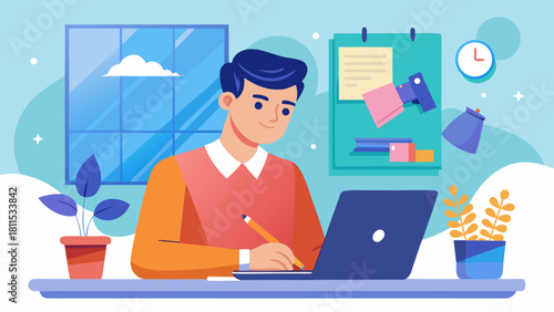 A man is sitting at a desk with a laptop and a potted plant. He is smiling and he is working on something. The room has a blue and white color scheme, and there is a clock on the wall