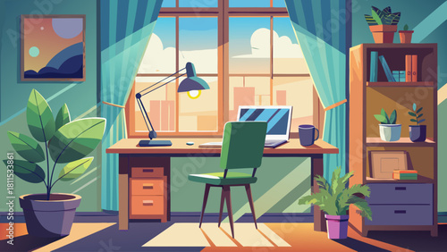 A cartoon drawing of a home office with a desk, chair, and potted plants. The room is bright and sunny, with a window that lets in natural light. The desk has a laptop and a cup