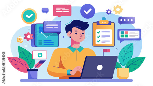 A man is sitting at a desk with a laptop and a clipboard. He is working on a project and has several messages and tasks on his screen. Concept of productivity and focus as the man works on his work