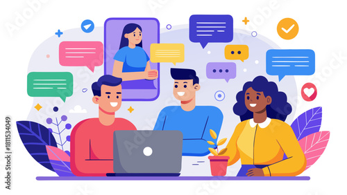 A group of people are sitting around a table with a laptop open. They are smiling and seem to be having a good time. The laptop is open to a webpage with a lot of text and images