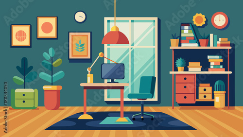 A cartoon drawing of a room with a desk, chair, and bookshelves. The room is decorated with plants and has a clock on the wall