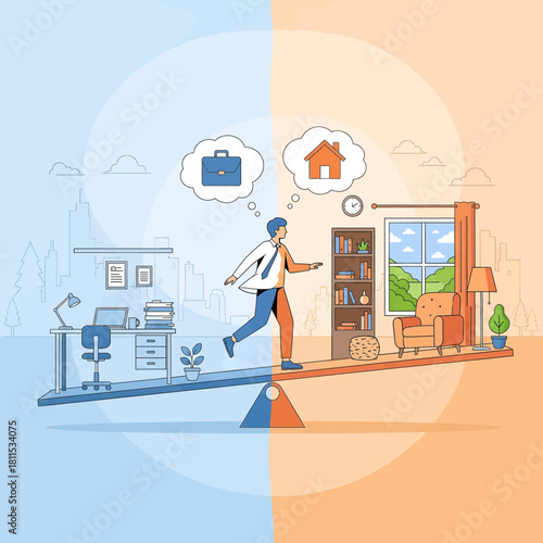Illustration of a man balancing work and home life on a seesaw.