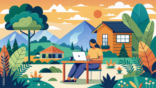 A woman is sitting at a table in a lush green forest, working on her laptop. The scene is peaceful and serene, with the sun shining through the trees and the mountains in the background