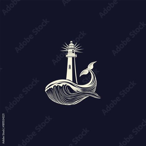 Elegant minimalist illustration of a whale swimming beneath a lighthouse situated on a wavy shore, in a classic, vintage emblem style