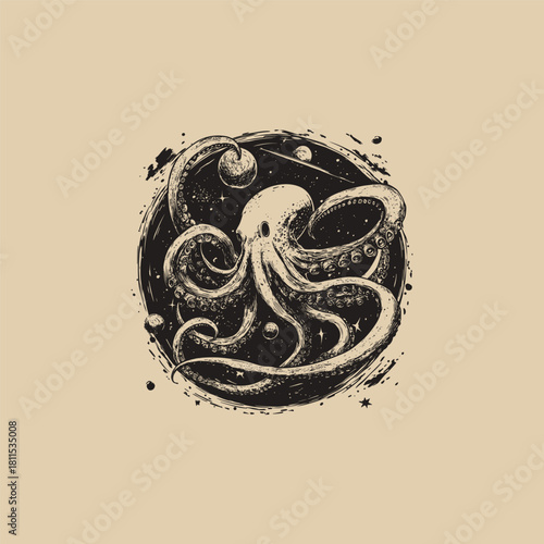 Mystical vintage illustration of a giant octopus floating in outer space, surrounded by planets, stars, and galaxies