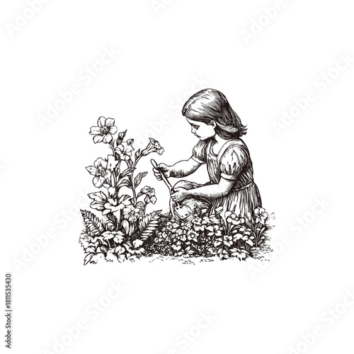 Charming vintage engraving illustration of a little girl gardening, tending to daisy flowers with a small trowel