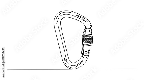 Modern black outline carabiner clip for climbing gear design, safety equipment, adventure sports equipment icon art