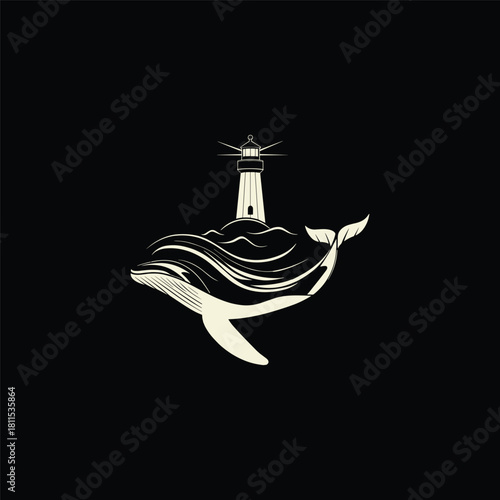 Elegant minimalist illustration of a whale swimming beneath a lighthouse situated on a wavy shore, in a classic, vintage emblem style