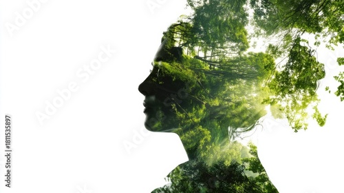 A side profile silhouette of a woman with trees filling her head outline,