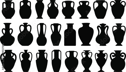 Collection of ancient greek roman amphorae and vases silhouettes