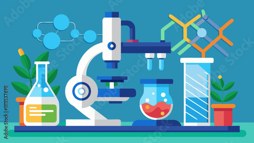 A blue background with a white lab bench and a microscope. There are several beakers and test tubes on the bench, and a potted plant is nearby. Concept of scientific exploration and discovery