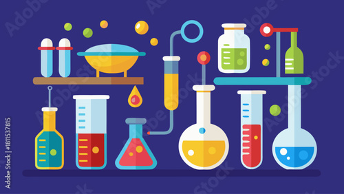 A colorful image of various chemistry lab equipment, including beakers, test tubes, and bottles. Concept of scientific exploration and discovery