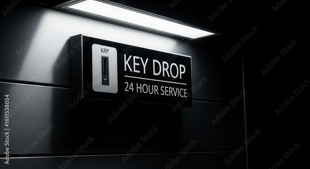 Naklejka premium Key Drop Service Displayed on Dark Wall with 24 Hour Availability and Illuminated
