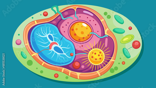 A colorful drawing of a cell with a green background. The cell is divided into two parts, one of which is blue