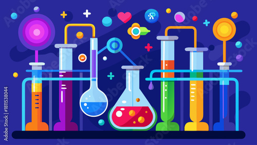 A colorful illustration of a chemistry lab with various glassware and chemicals. Scene is scientific and educational