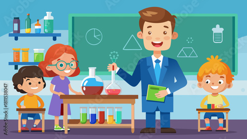 A man is teaching a group of children about science. The children are sitting at desks and the teacher is holding a book