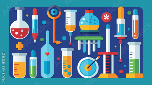 A blue background with a variety of scientific instruments and bottles. The instruments include a syringe, a beaker, and a test tube. The bottles are of different sizes and colors