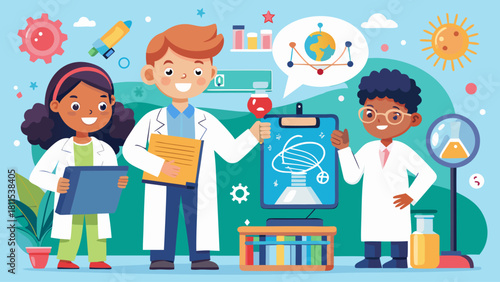 A group of scientists are working together in a lab. They are smiling and seem to be having fun