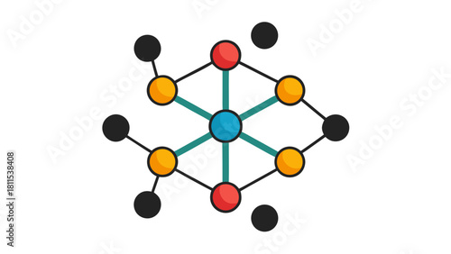 A colorful drawing of a molecule with a red and blue center and yellow and black dots surrounding it