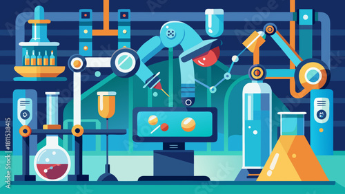 A colorful drawing of a lab with a computer monitor and a robot. The lab is filled with various scientific equipment and tools, including beakers, test tubes, and a microscope