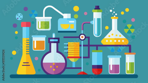 A colorful illustration of various scientific equipment and glassware, including beakers, test tubes, and flasks. Concept of curiosity and exploration