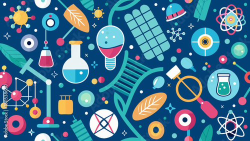A colorful background with many scientific symbols and objects. Concept of curiosity and exploration, as it features various scientific tools and concepts