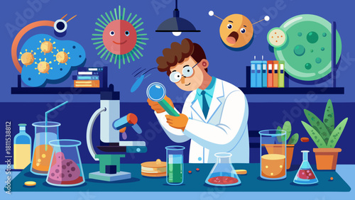 A man in a lab coat is looking at a microscope. The lab is filled with various scientific equipment and objects, including a potted plant, a cup, a vase, and a book