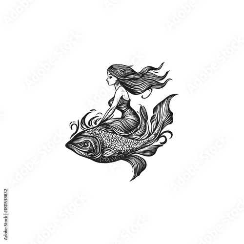 Detailed vintage engraving style illustration featuring a mythological mermaid figure riding a large fish