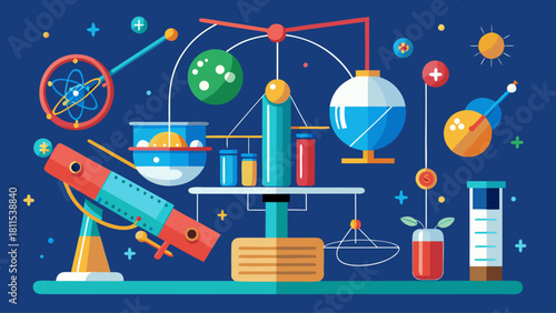 A colorful illustration of a science lab with various scientific instruments and objects. Scene is playful and educational, as it showcases the fun and creative aspects of science