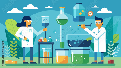 Two scientists are working in a lab, one of them is holding a syringe. The lab is filled with various scientific equipment and chemicals, including beakers, test tubes, and bottles