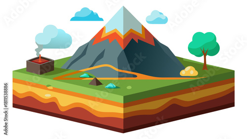 A mountain with a volcano on top and a tree in the foreground. The mountain is surrounded by a rocky landscape