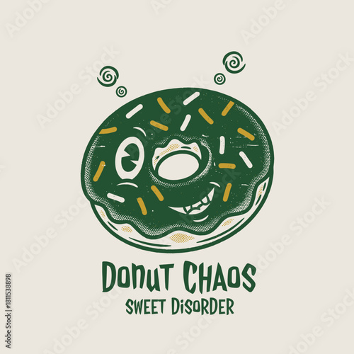 Donut Chaos Sweet Disorder.Vintage Retro Food Mascot.Evil Glazed Dessert Character.Groovy Funny Doughnut Art.Distressed Bakery Logo