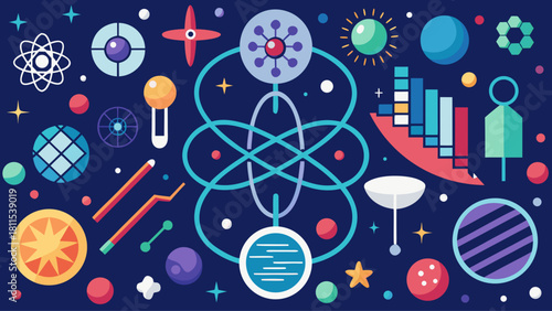 A colorful image of various scientific objects and symbols, including a star, a planet, and a rocket. Concept of wonder and curiosity about the universe and the mysteries it holds