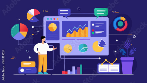 A man is standing in front of a computer screen with a lot of graphs and pie charts. He is pointing to a specific graph, and the image conveys the idea of data analysis and decision making